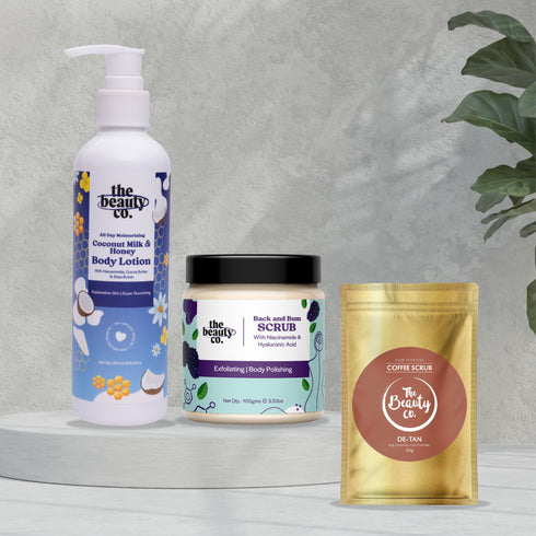 the beauty co Butt and Body Essentials | Back Scrub and Coconut Lotion and Detan Coffee Scrub